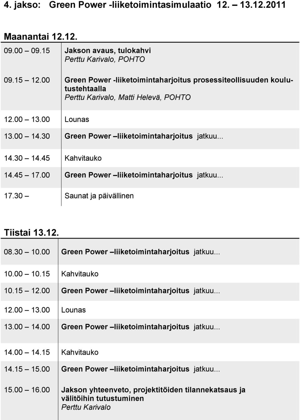 45 Kahvitauko 14.45 17.00 Green Power liiketoimintaharjoitus jatkuu... 17.30 Saunat ja päivällinen Tiistai 13.12. 08.30 10.00 Green Power liiketoimintaharjoitus jatkuu... 10.00 10.15 Kahvitauko 10.