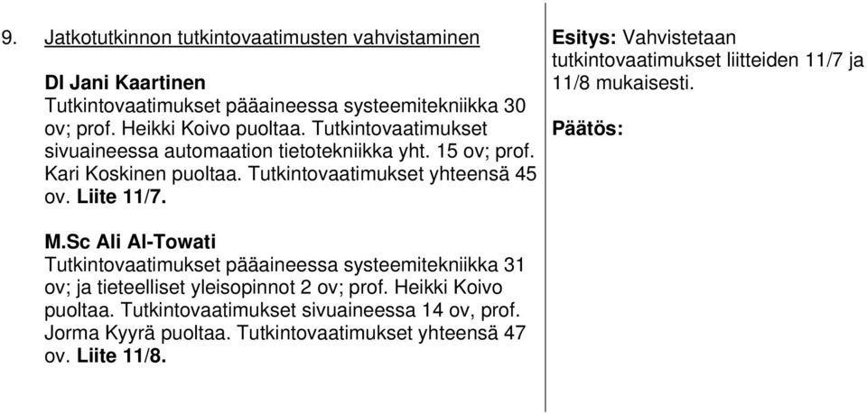 Vahvistetaan tutkintovaatimukset liitteiden 11/7 ja 11/8 mukaisesti. M.