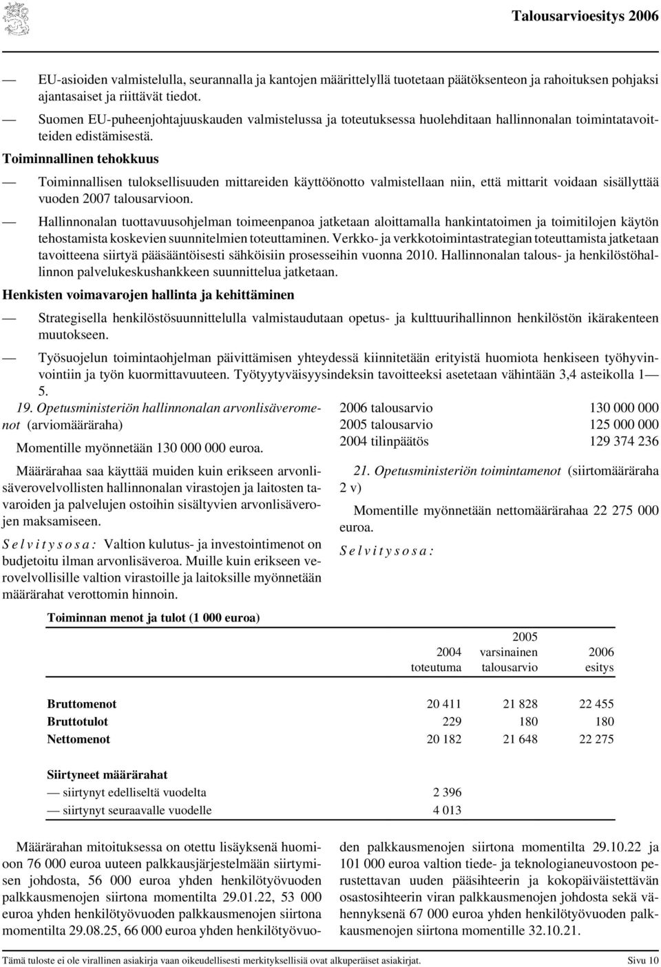 Toiminnallinen tehokkuus Toiminnallisen tuloksellisuuden mittareiden käyttöönotto valmistellaan niin, että mittarit voidaan sisällyttää vuoden 2007 talousarvioon.