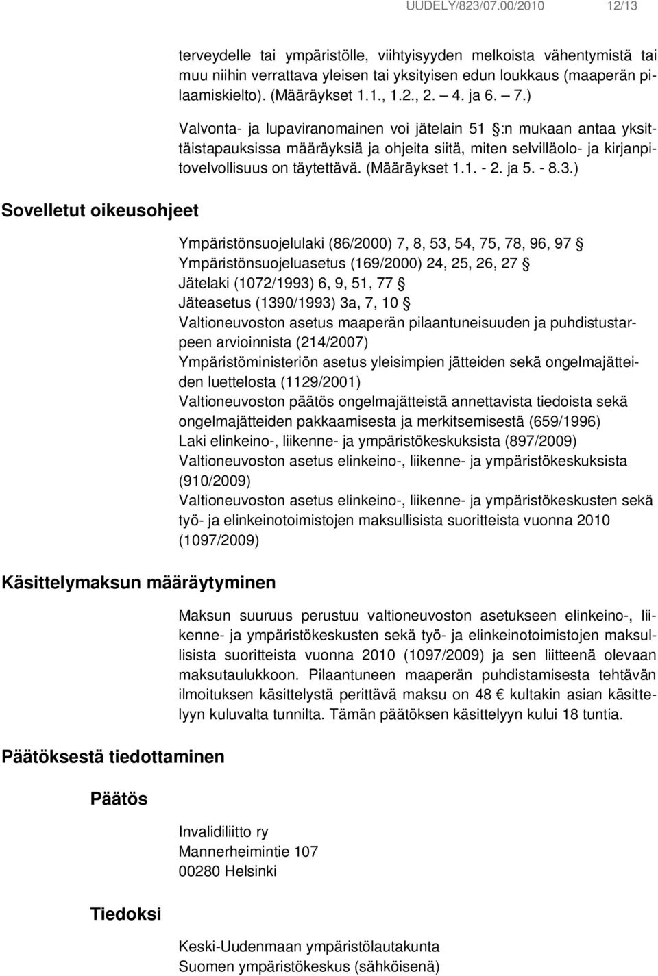 verrattava yleisen tai yksityisen edun loukkaus (maaperän pilaamiskielto). (Määräykset 1.1., 1.2., 2. 4. ja 6. 7.