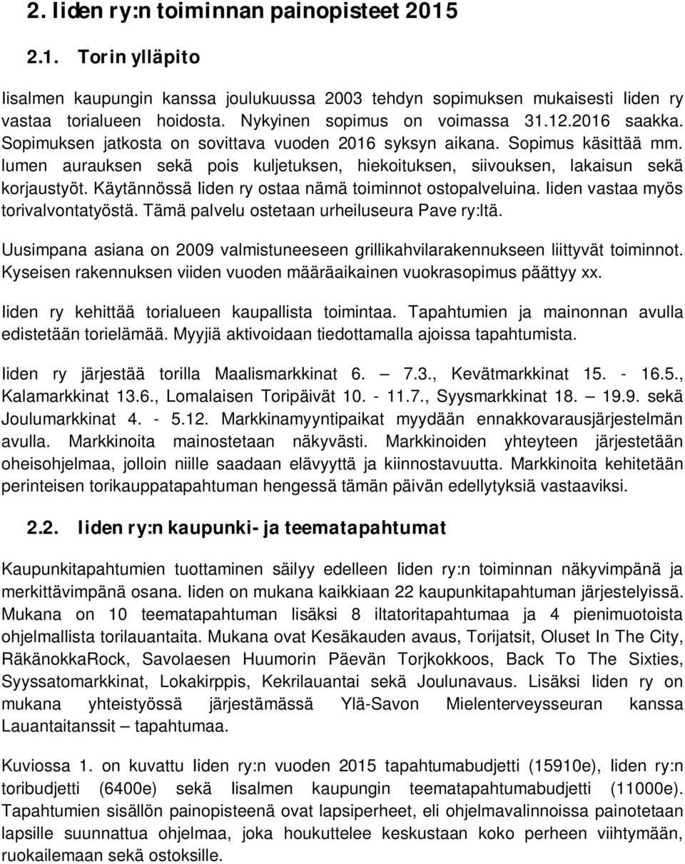 lumen aurauksen sekä pois kuljetuksen, hiekoituksen, siivouksen, lakaisun sekä korjaustyöt. Käytännössä Iiden ry ostaa nämä toiminnot ostopalveluina. Iiden vastaa myös torivalvontatyöstä.