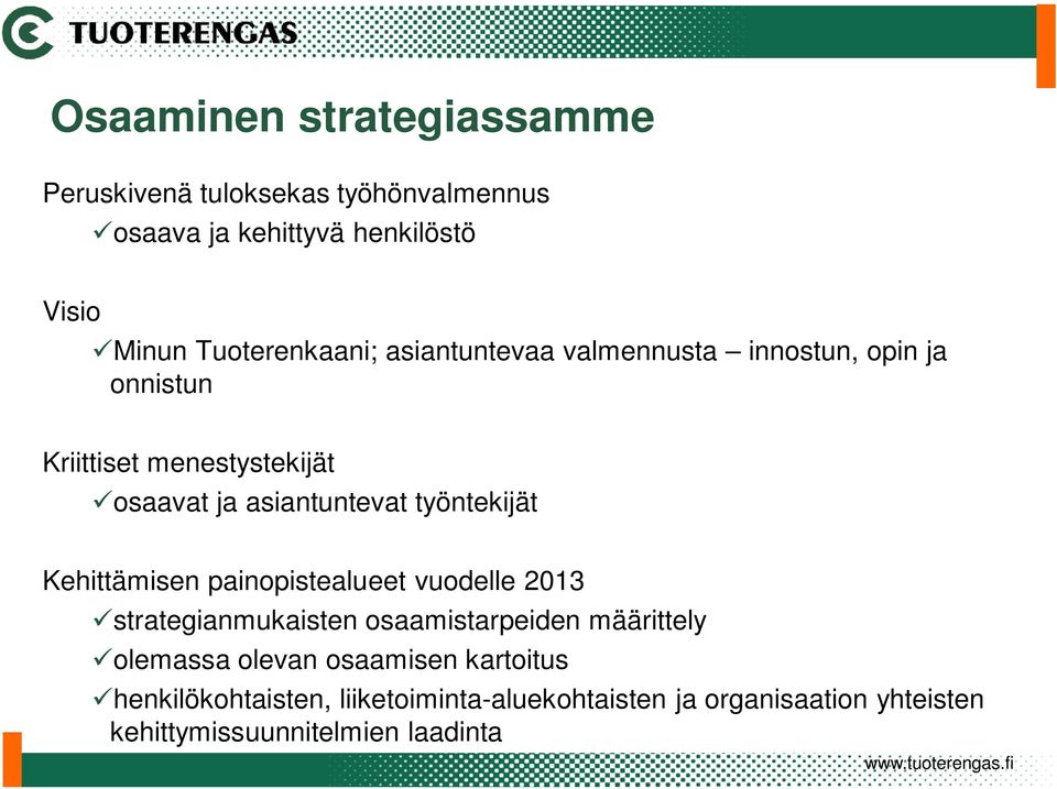 työntekijät Kehittämisen painopistealueet vuodelle 2013 üstrategianmukaisten osaamistarpeiden määrittely üolemassa