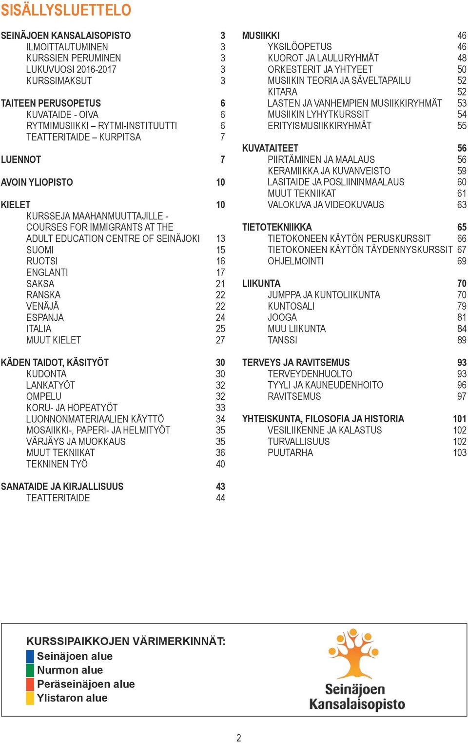 21 RANSKA 22 VENÄJÄ 22 ESPANJA 24 ITALIA 25 MUUT KIELET 27 KÄDEN TAIDOT, KÄSITYÖT 30 KUDONTA 30 LANKATYÖT 32 OMPELU 32 KORU- JA HOPEATYÖT 33 LUONNONMATERIAALIEN KÄYTTÖ 34 MOSAIIKKI-, PAPERI- JA