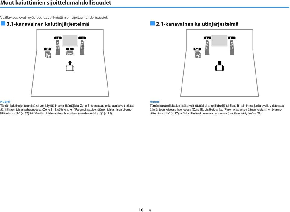 Lisätietoja, ks. Parempilaatuisen äänen toistaminen bi-ampliitännän avulla (s. 77) tai Musiikin toisto useissa huoneissa (monihuonekäyttö) (s. 78).