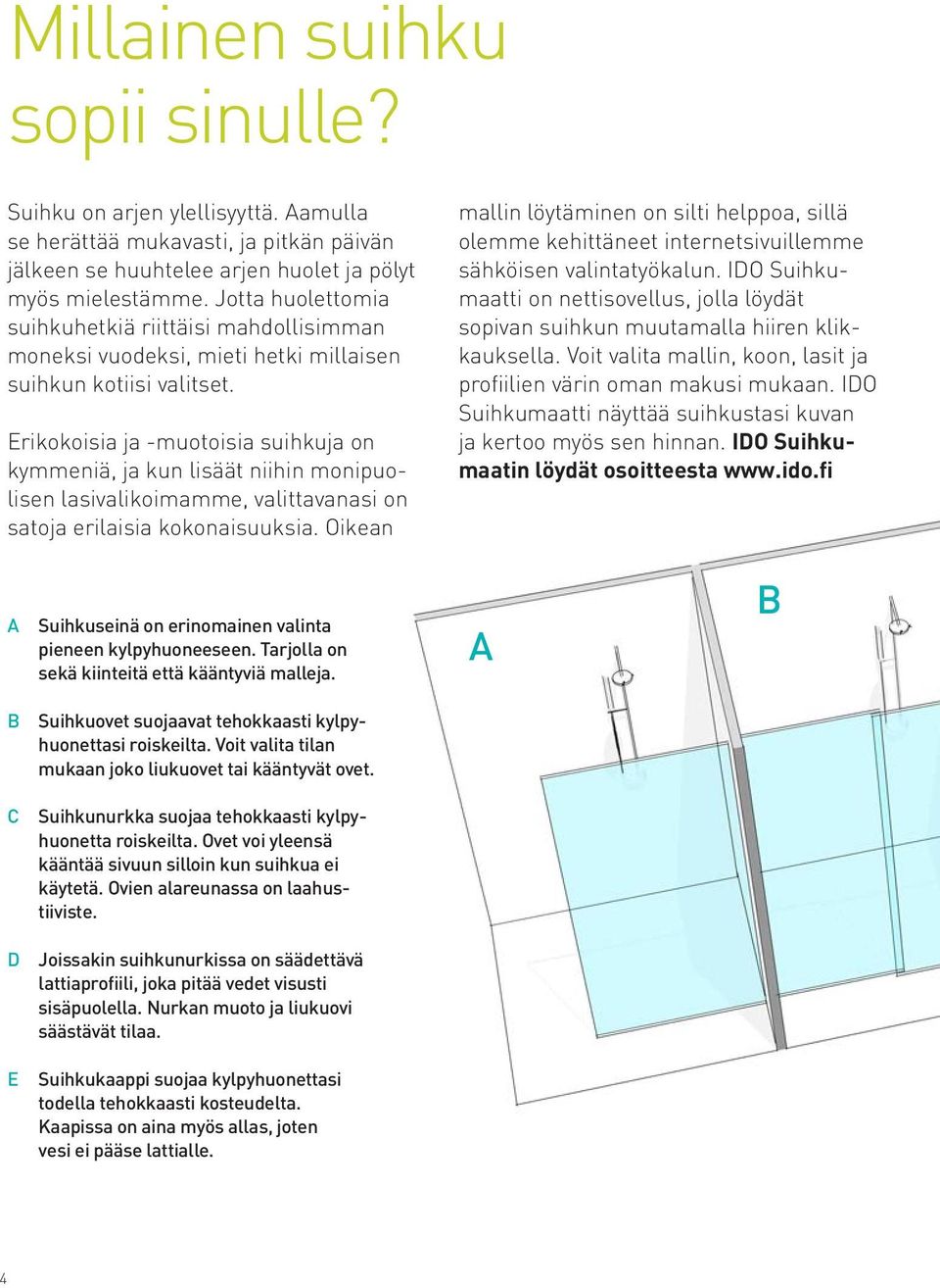Erikokoisia ja -muotoisia suihkuja on kymmeniä, ja kun lisäät niihin monipuolisen lasivalikoimamme, valittavanasi on satoja erilaisia kokonaisuuksia.