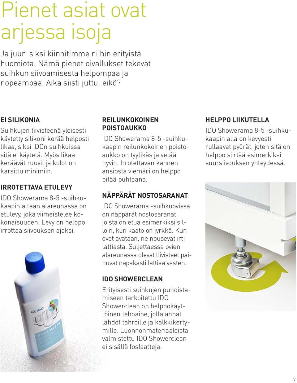 IRROTETTAVA ETULEVY IDO Showerama 8-5 -suihkukaapin altaan alareunassa on etulevy, joka viimeistelee kokonaisuuden. Levy on helppo irrottaa siivouksen ajaksi.