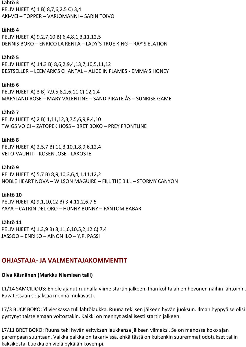 SAND PIRATE ÅS SUNRISE GAME Lähtö 7 PELIVIHJEET A) 2 B) 1,11,12,3,7,5,6,9,8,4,10 TWIGS VOICI ZATOPEK HOSS BRET BOKO PREY FRONTLINE Lähtö 8 PELIVIHJEET A) 2,5,7 B) 11,3,10,1,8,9,6,12,4 VETO-VAUHTI