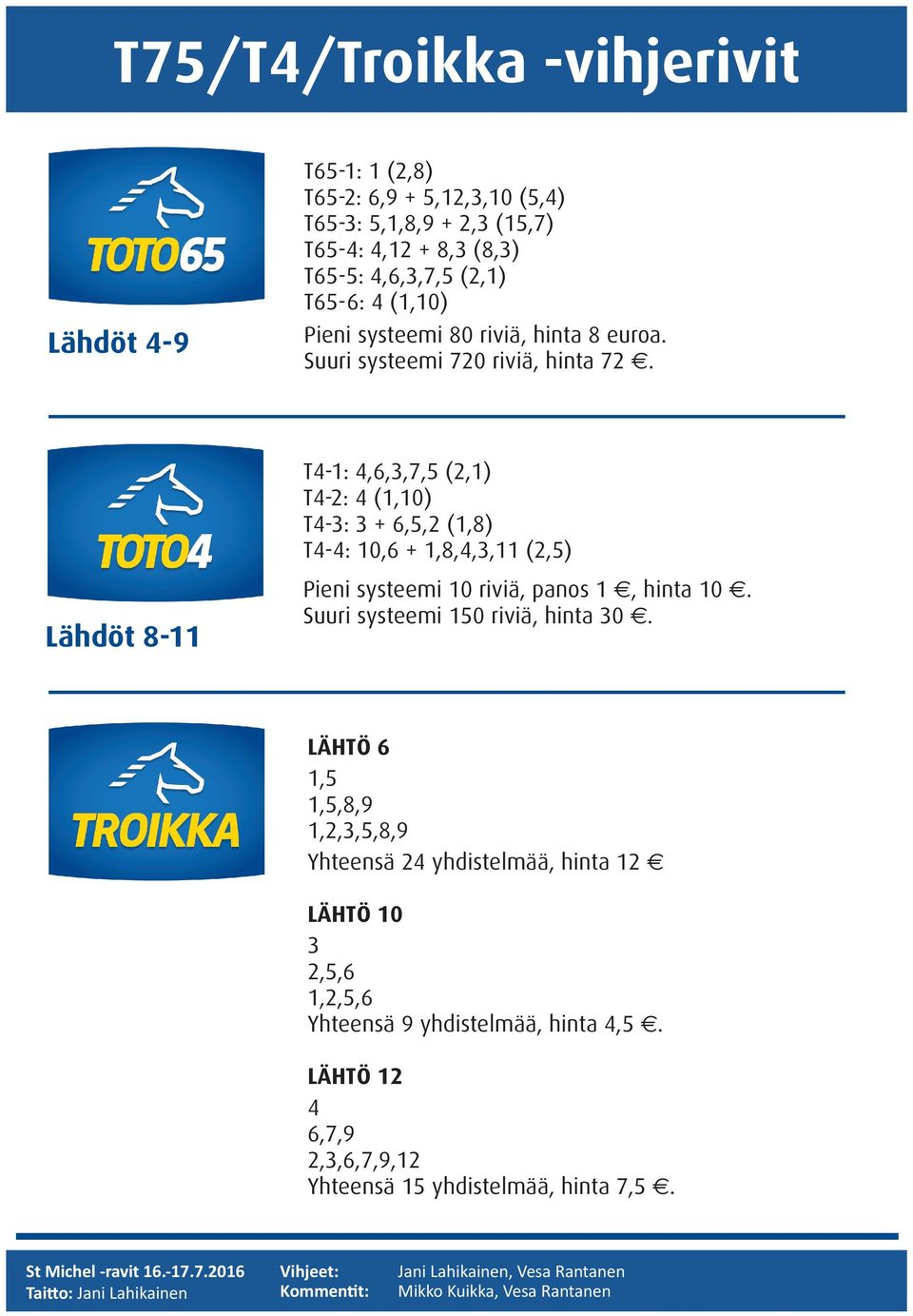 Suuri systeemi 0 riviä, hinta 0. LÄHTÖ,,,,,,,,, Yhteensä yhdistelmää, hinta LÄHTÖ 0,,,,, Yhteensä yhdistelmää, hinta,.