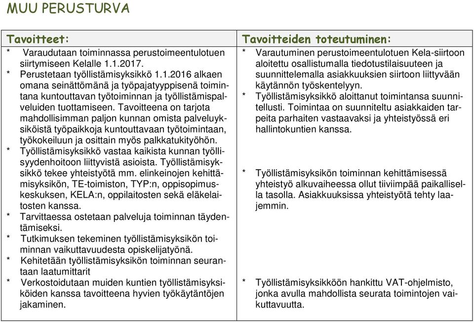 Tavoitteena on tarjota mahdollisimman paljon kunnan omista palveluyksiköistä työpaikkoja kuntouttavaan työtoimintaan, työkokeiluun ja osittain myös palkkatukityöhön.