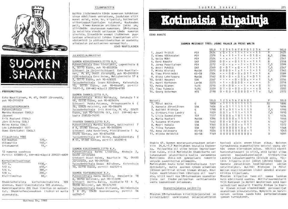 s. 1/2 s. 1/4 s. 1/8 s. Ri vi -i lmoi tus 1100,- 650,- 380,- 200,- 60,- Shakkiaiheisista kertai lmoituksista 30% alennus. Vuosi-ilmoituksista 50% alennus.