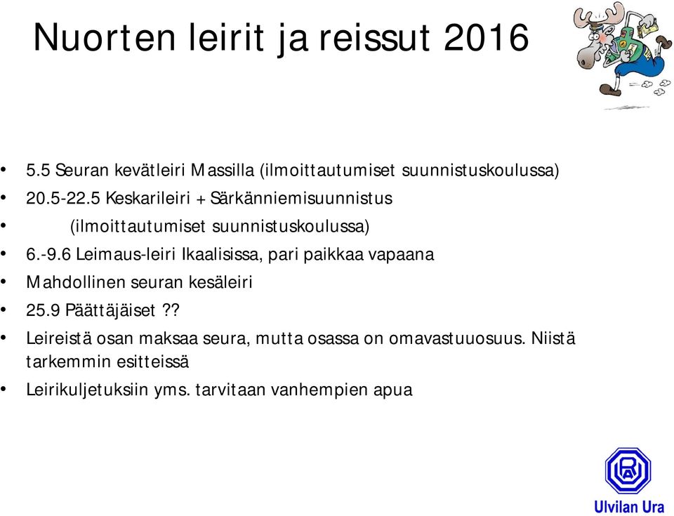 6 Leimaus-leiri Ikaalisissa, pari paikkaa vapaana Mahdollinen seuran kesäleiri 25.9 Päättäjäiset?