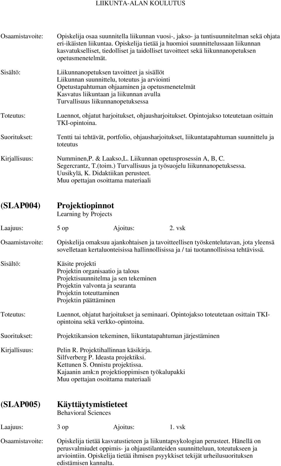 Liikunnanopetuksen tavoitteet ja sisällöt Liikunnan suunnittelu, toteutus ja arviointi Opetustapahtuman ohjaaminen ja opetusmenetelmät Kasvatus liikuntaan ja liikunnan avulla Turvallisuus