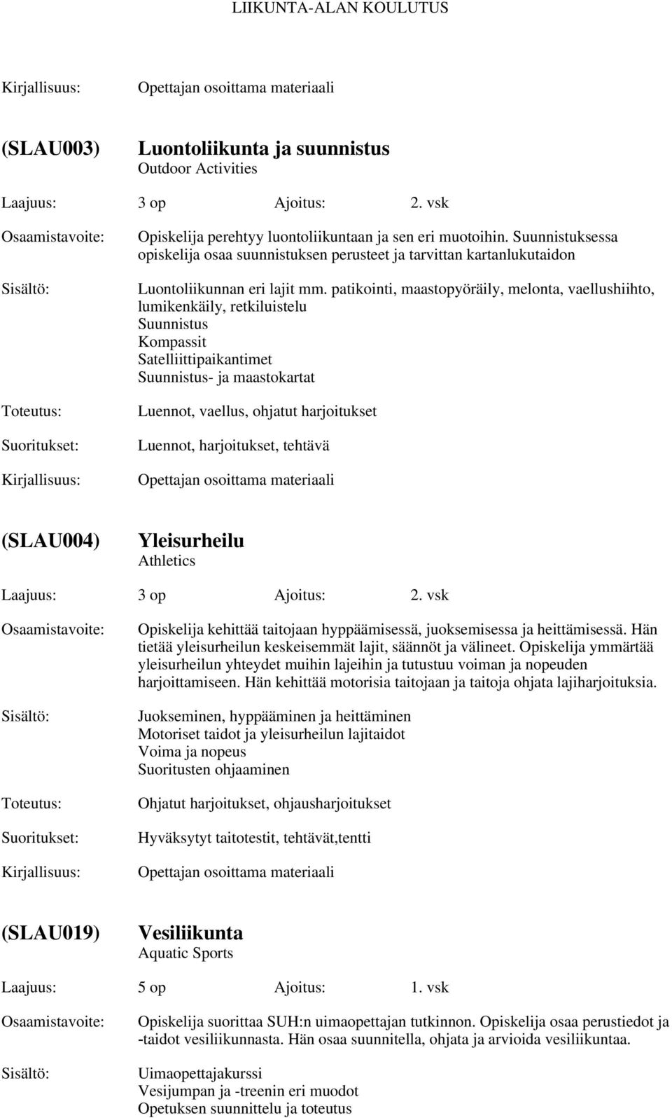 patikointi, maastopyöräily, melonta, vaellushiihto, lumikenkäily, retkiluistelu Suunnistus Kompassit Satelliittipaikantimet Suunnistus- ja maastokartat Luennot, vaellus, ohjatut harjoitukset Luennot,
