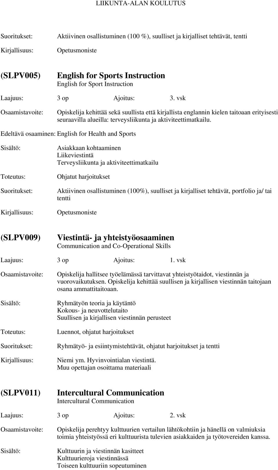 Edeltävä osaaminen: English for Health and Sports Asiakkaan kohtaaminen Liikeviestintä Terveysliikunta ja aktiviteettimatkailu Ohjatut harjoitukset Aktiivinen osallistuminen (100%), suulliset ja