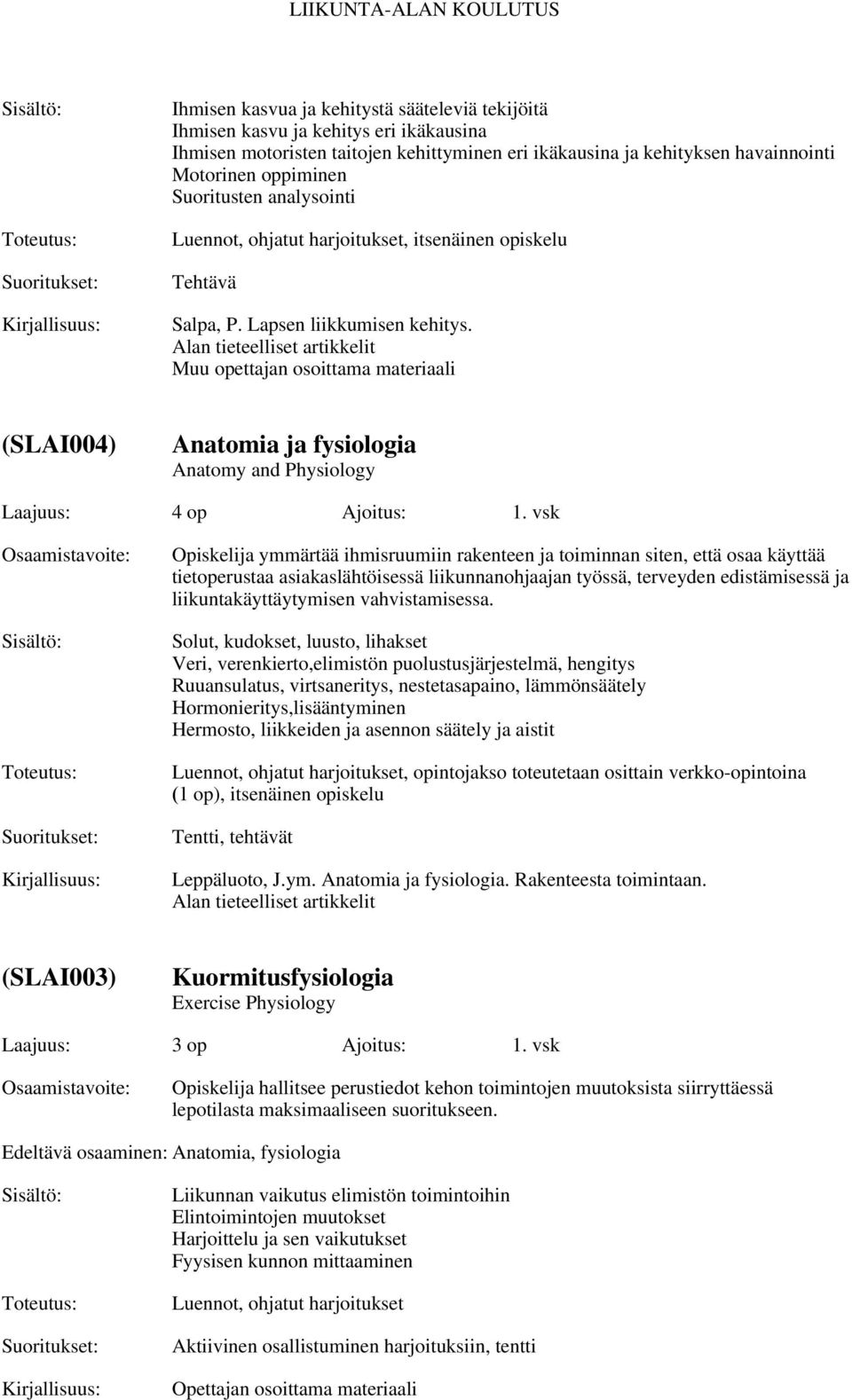 Alan tieteelliset artikkelit (SLAI004) Anatomia ja fysiologia Anatomy and Physiology Laajuus: 4 op Ajoitus: 1.