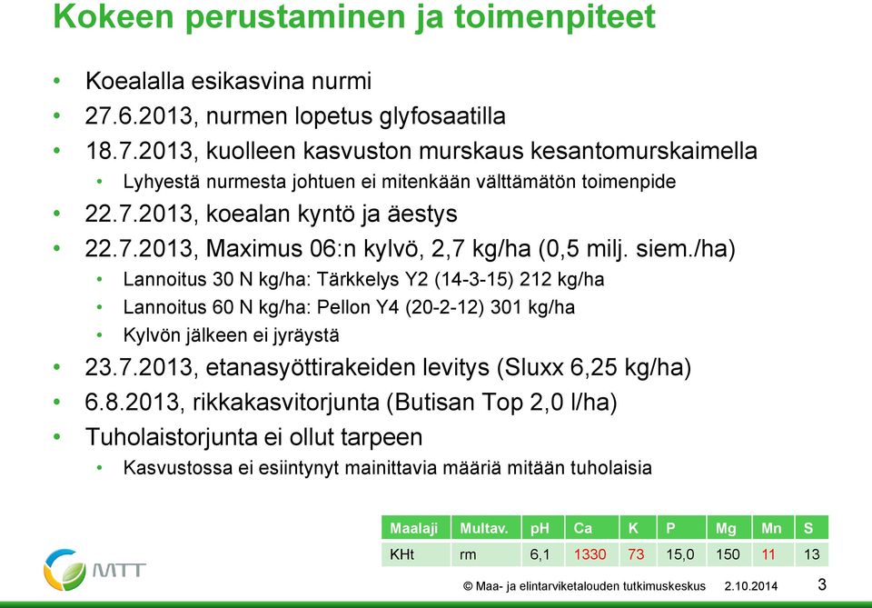 /ha) Lannoitus 30 N kg/ha: Tärkkelys Y2 (14-3-15) 212 kg/ha Lannoitus 60 N kg/ha: Pellon Y4 (20-2-12) 301 kg/ha Kylvön jälkeen ei jyräystä 23.7.