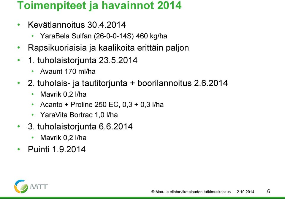 2014 YaraBela Sulfan (26-0-0-14S) 460 kg/ha Rapsikuoriaisia ja kaalikoita erittäin paljon 1.