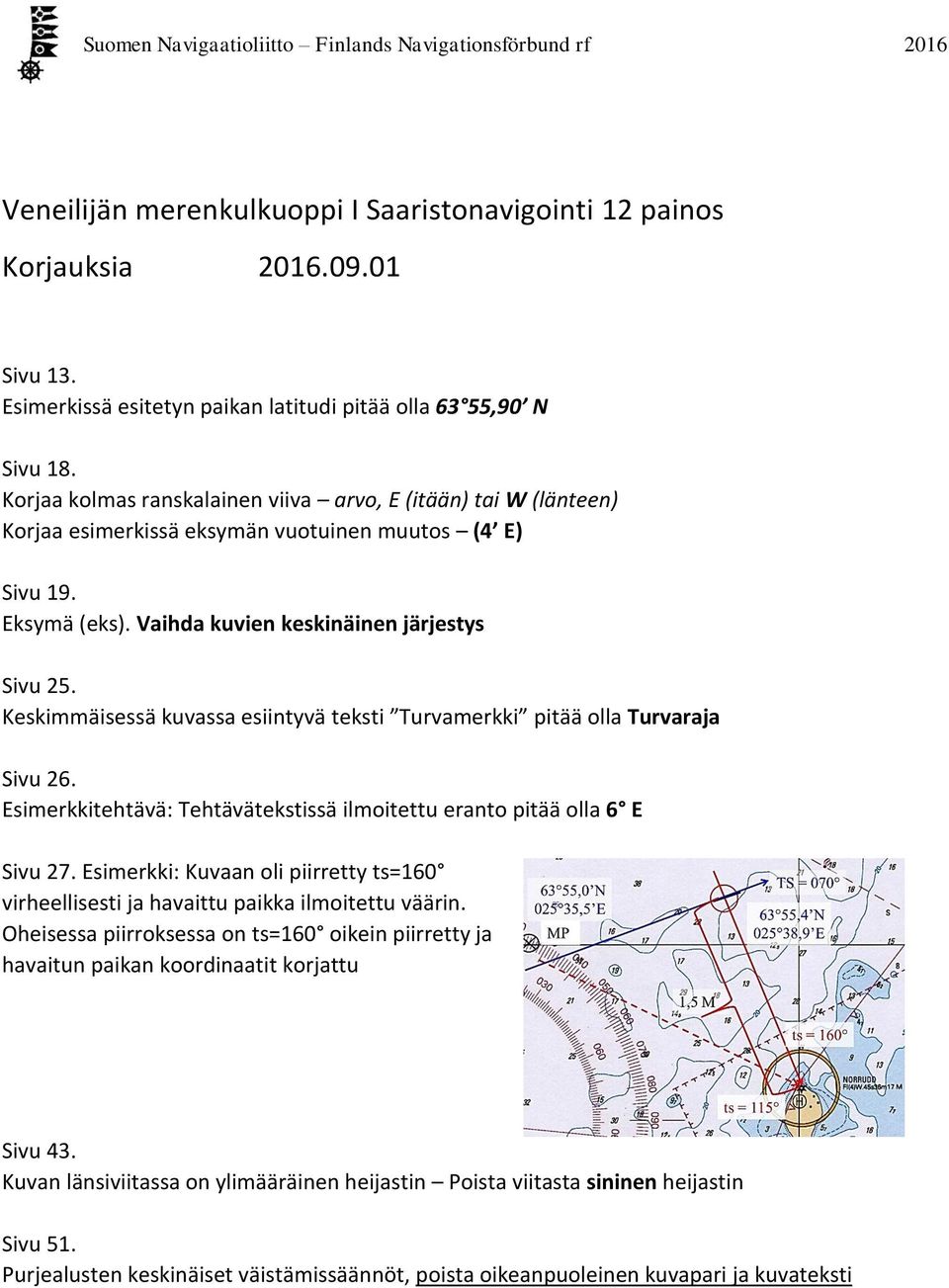 Keskimmäisessä kuvassa esiintyvä teksti Turvamerkki pitää olla Turvaraja Sivu 26. Esimerkkitehtävä: Tehtävätekstissä ilmoitettu eranto pitää olla 6 E Sivu 27.