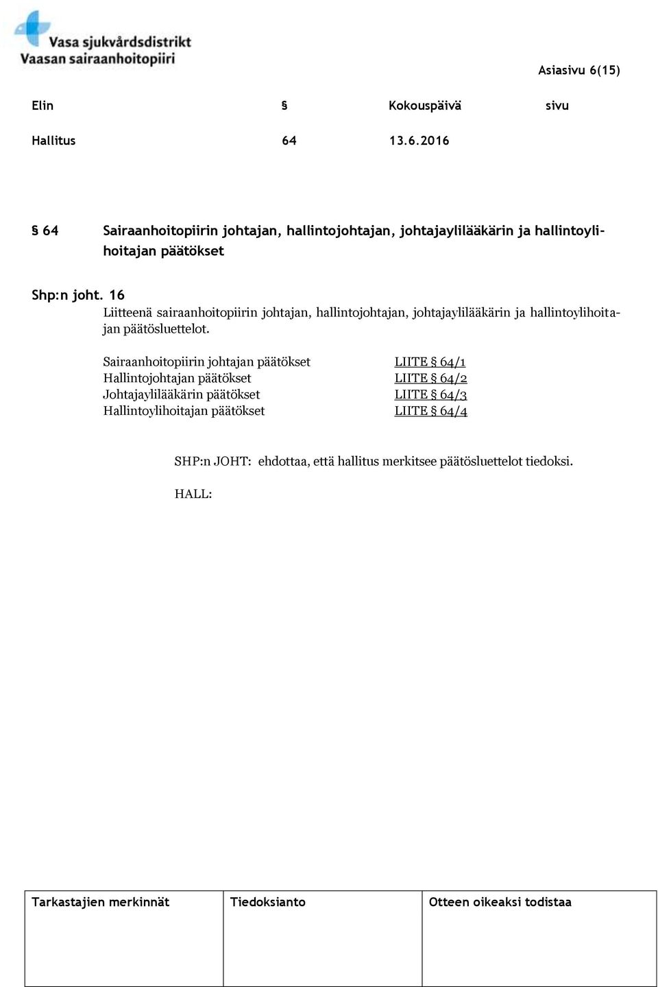 13.6.2016 64 Sairaanhoitopiirin johtajan, hallintojohtajan, johtajaylilääkärin ja hallintoylihoitajan päätökset Shp:n joht.