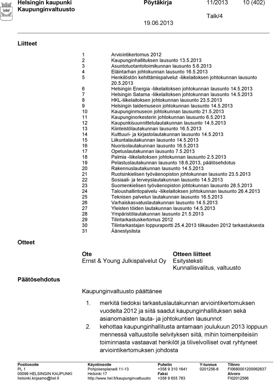 5.2013 8 HKL liikelaitoksen johtokunnan lausunto 23.5.2013 9 Helsingin taidemuseon johtokunnan lausunto 14.5.2013 10 Kaupunginmuseon johtokunnan lausunto 21.5.2013 11 Kaupunginorkesterin johtokunnan lausunto 6.