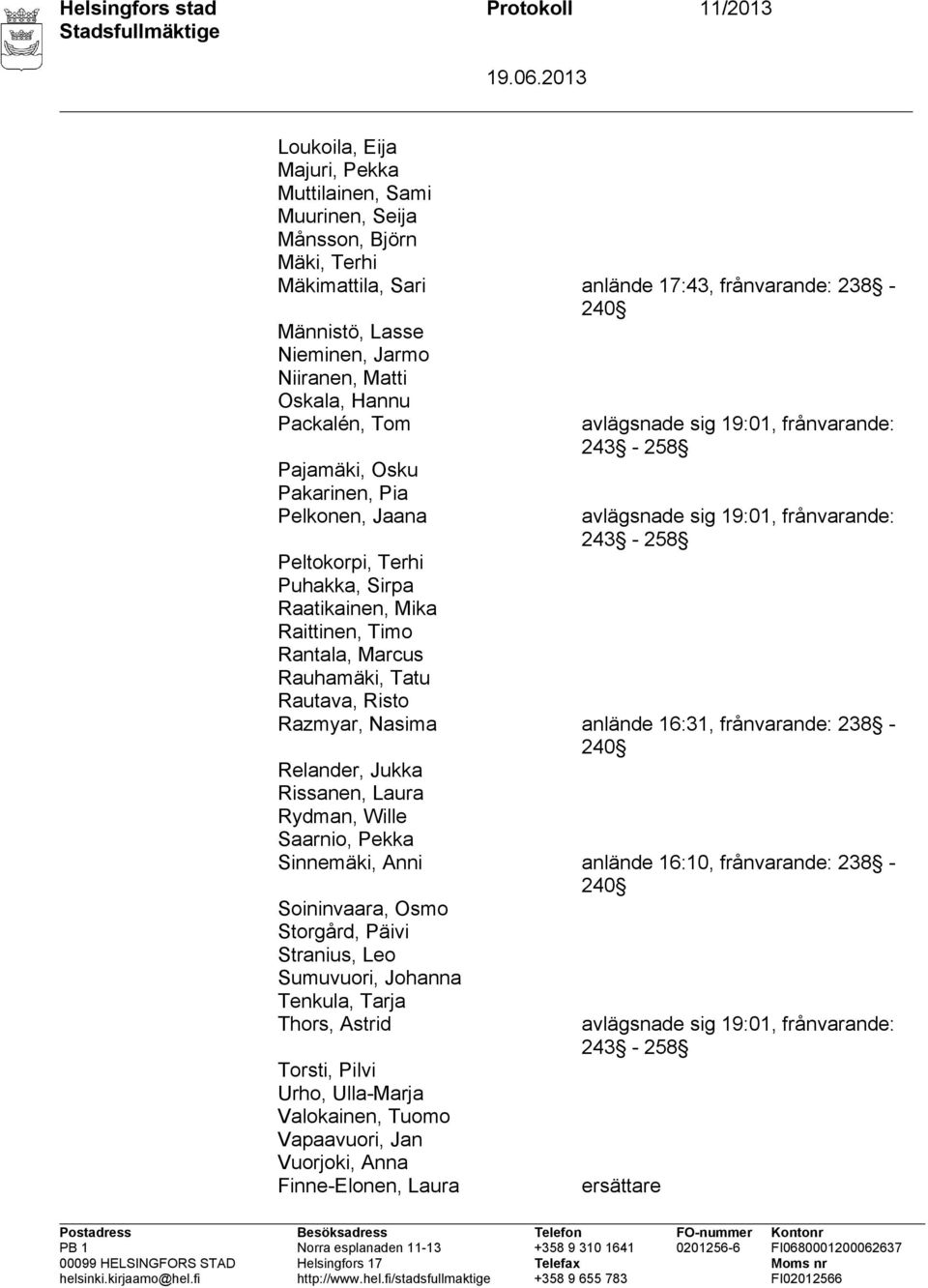 243 258 Peltokorpi, Terhi Puhakka, Sirpa Raatikainen, Mika Raittinen, Timo Rantala, Marcus Rauhamäki, Tatu Rautava, Risto Razmyar, Nasima anlände 16:31, frånvarande: 238 240 Relander, Jukka Rissanen,