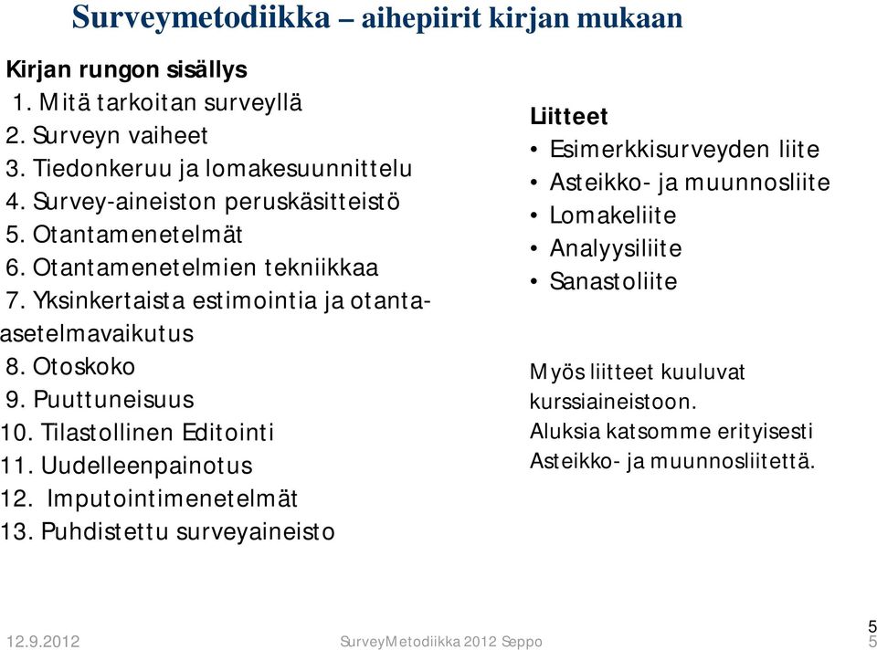 Puuttuneisuus 10. Tilastollinen Editointi 11. Uudelleenpainotus 12. Imputointimenetelmät 13.