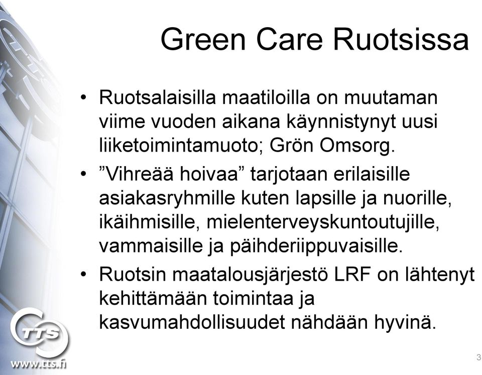Vihreää hoivaa tarjotaan erilaisille asiakasryhmille kuten lapsille ja nuorille, ikäihmisille,