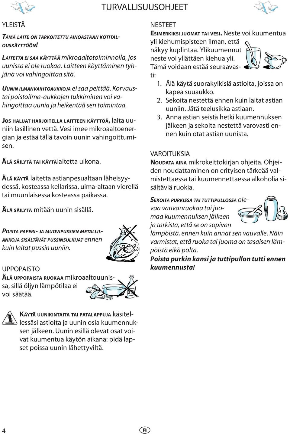 JOS HALUAT HARJOITELLA LAITTEEN KÄYTTÖÄ, laita uuniin lasillinn vttä. Vsi im mikroaaltonrgian ja stää tällä tavoin uunin vahingoittumisn. ÄLÄ SÄILYTÄ TAI KÄYTÄ laittta ulkona.