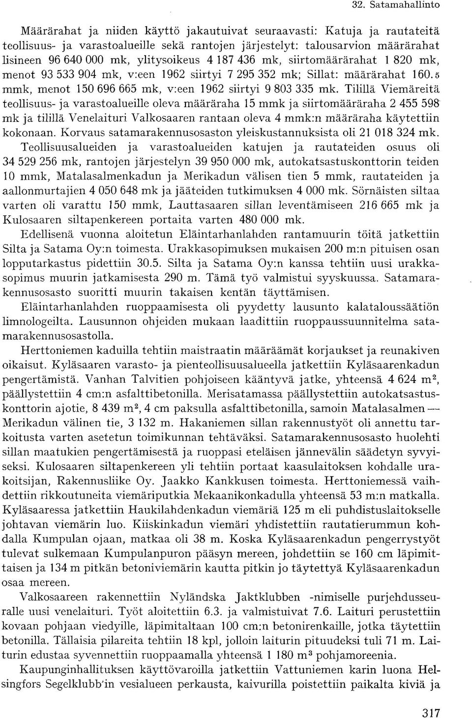 Tilillä Viemäreitä teollisuus- ja varastoalueille oleva määräraha 15 mmk ja siirtomääräraha 2 455 598 mk ja tilillä Venelaituri Valkosaaren rantaan oleva 4 mmk:n määräraha käytettiin kokonaan.