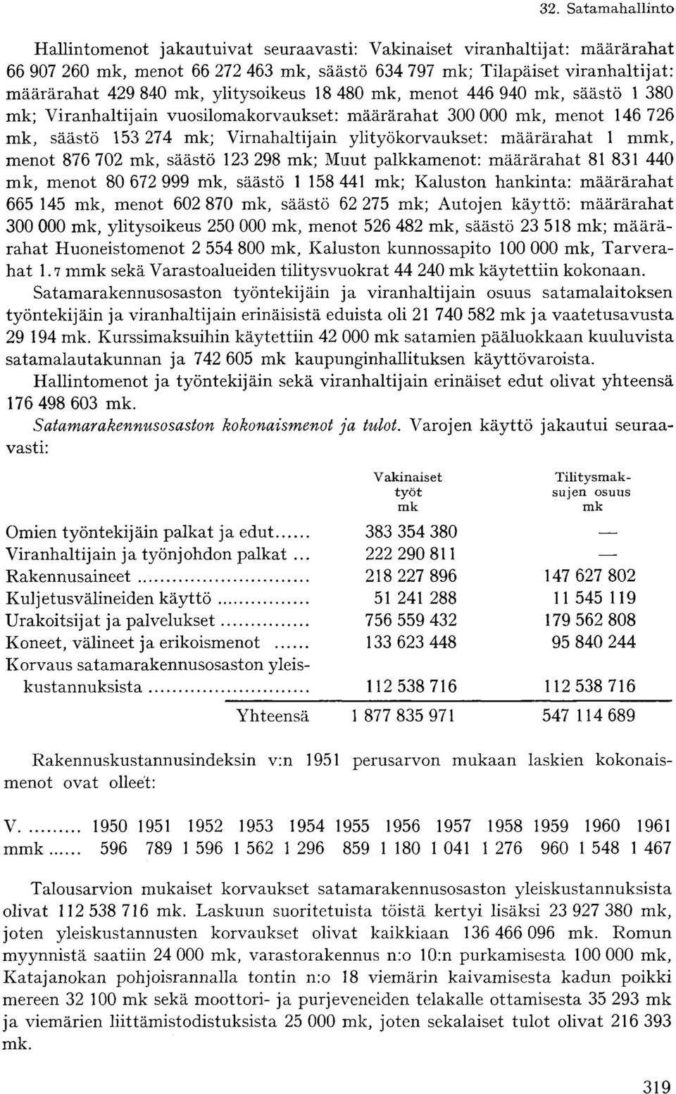 Virnahaltijain ylityökorvaukset: määrärahat 1 mmk, menot 876 702 mk, säästö 123 298 mk; Muut palkkamenot: määrärahat 81 831 440 mk, menot 80 672 999 mk, säästö 1 158 441 mk; Kaluston hankinta: