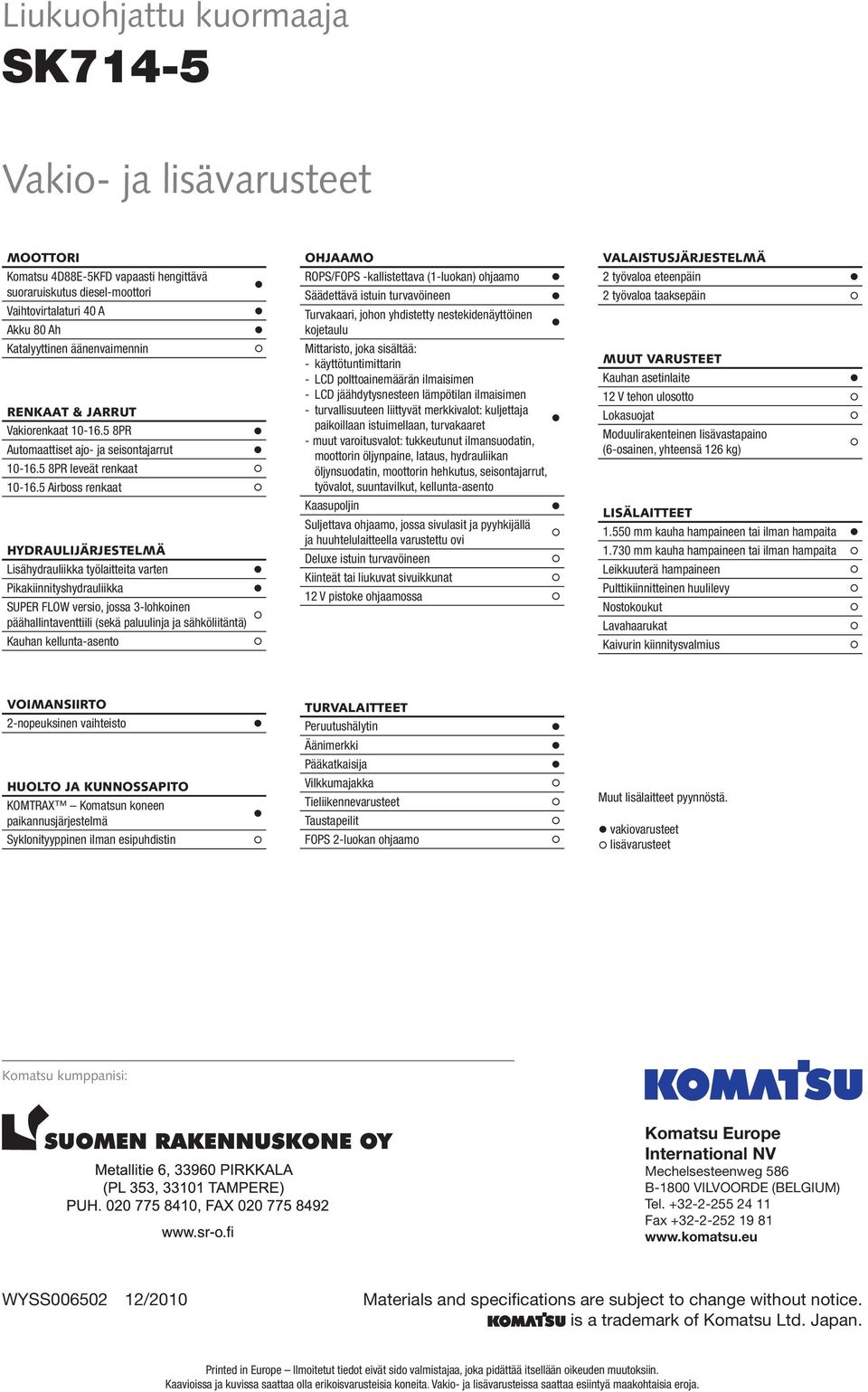 5 Airboss renkaat HYDRAULIJÄRJESTELMÄ Lisähydrauliikka työlaitteita varten Pikakiinnityshydrauliikka SUPER FLOW versio, jossa 3-lohkoinen päähallintaventtiili (sekä paluulinja ja sähköliitäntä)