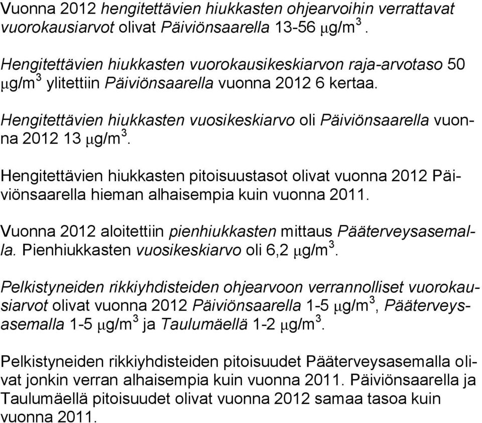 Hengitettävien hiukkasten vuosikeskiarvo oli Päiviönsaarella vuonna 2012 13 μg/m 3. Hengitettävien hiukkasten pitoisuustasot olivat vuonna 2012 Päiviönsaarella hieman alhaisempia kuin vuonna 2011.