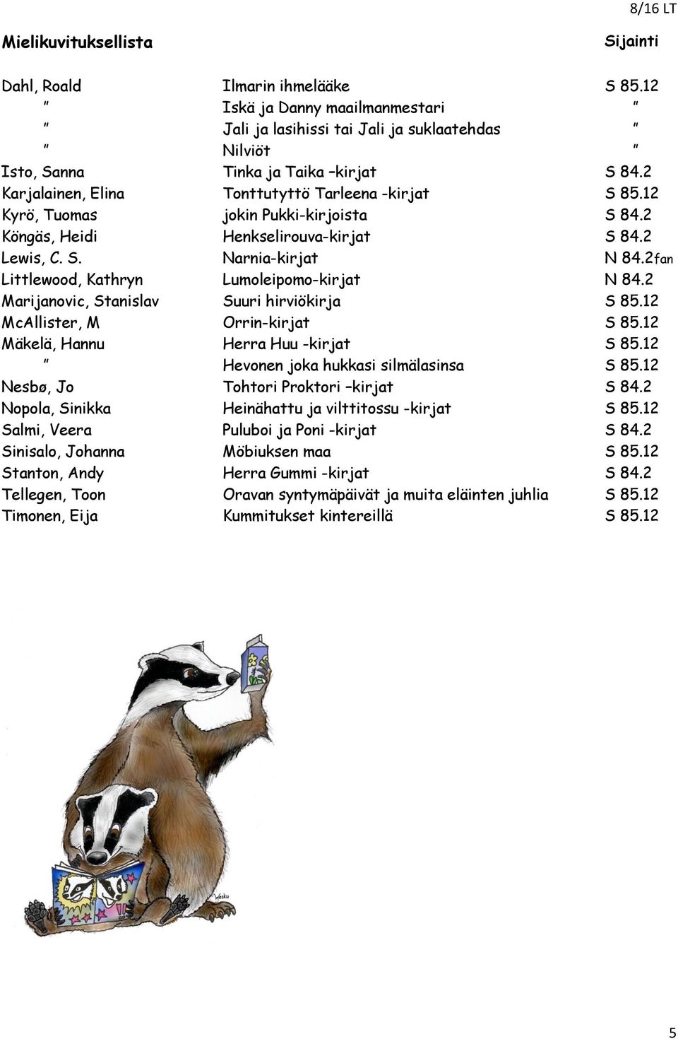 2fan Littlewood, Kathryn Lumoleipomo-kirjat N 84.2 Marijanovic, Stanislav Suuri hirviökirja S 85.12 McAllister, M Orrin-kirjat S 85.12 Mäkelä, Hannu Herra Huu -kirjat S 85.