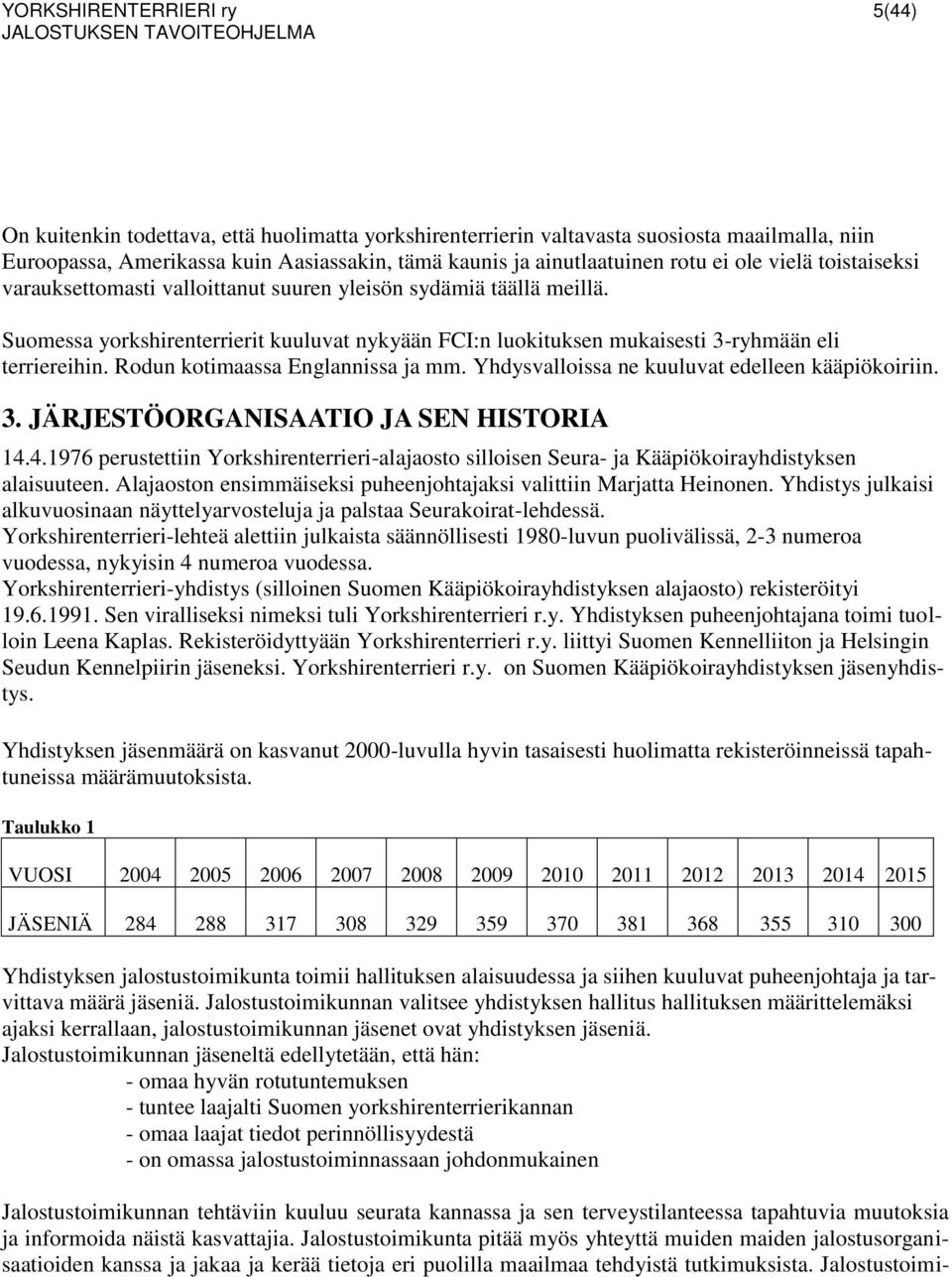 Suomessa yorkshirenterrierit kuuluvat nykyään FCI:n luokituksen mukaisesti 3-ryhmään eli terriereihin. Rodun kotimaassa Englannissa ja mm. Yhdysvalloissa ne kuuluvat edelleen kääpiökoiriin. 3. JÄRJESTÖORGANISAATIO JA SEN HISTORIA 14.