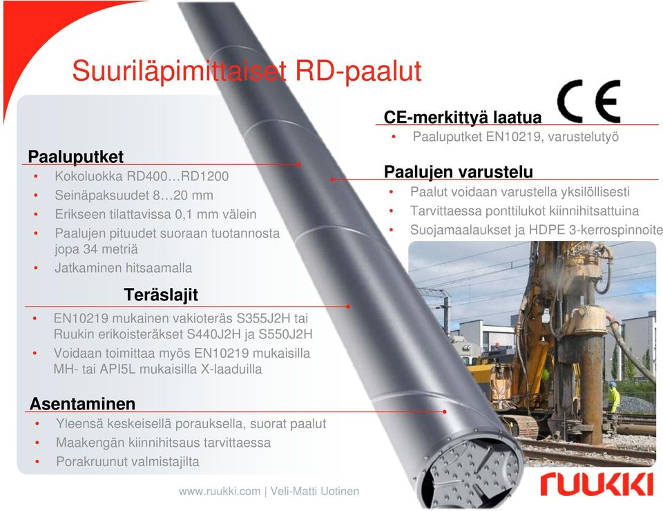 API5L mukaisilla X-laaduilla CE-merkittyä laatua Paaluputket EN10219, varustelutyö Paalujen varustelu Paalut voidaan varustella yksilöllisesti Tarvittaessa ponttilukot