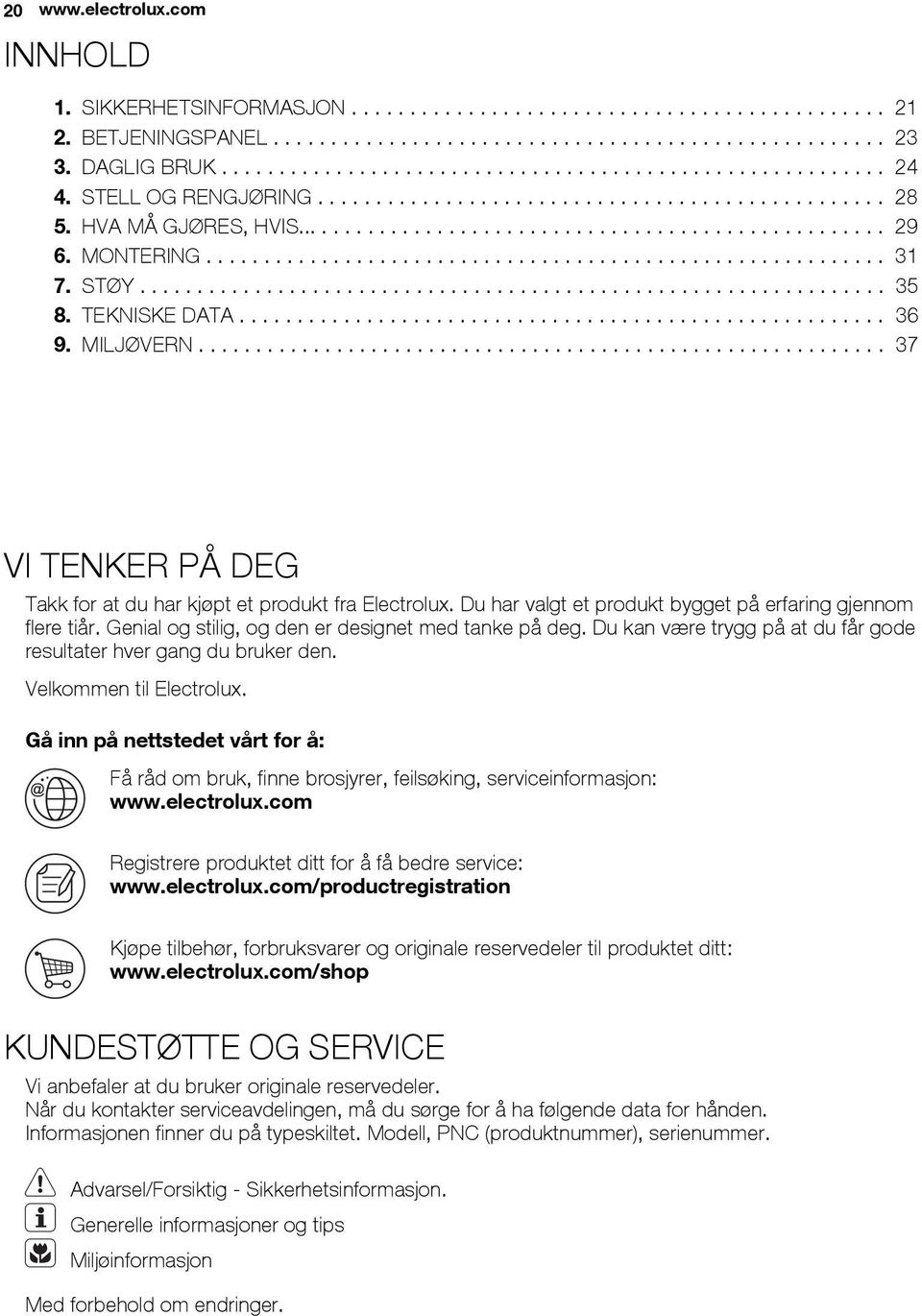 STØY................................................................. 35 8. TEKNISKE DATA........................................................ 36 9. MILJØVERN.