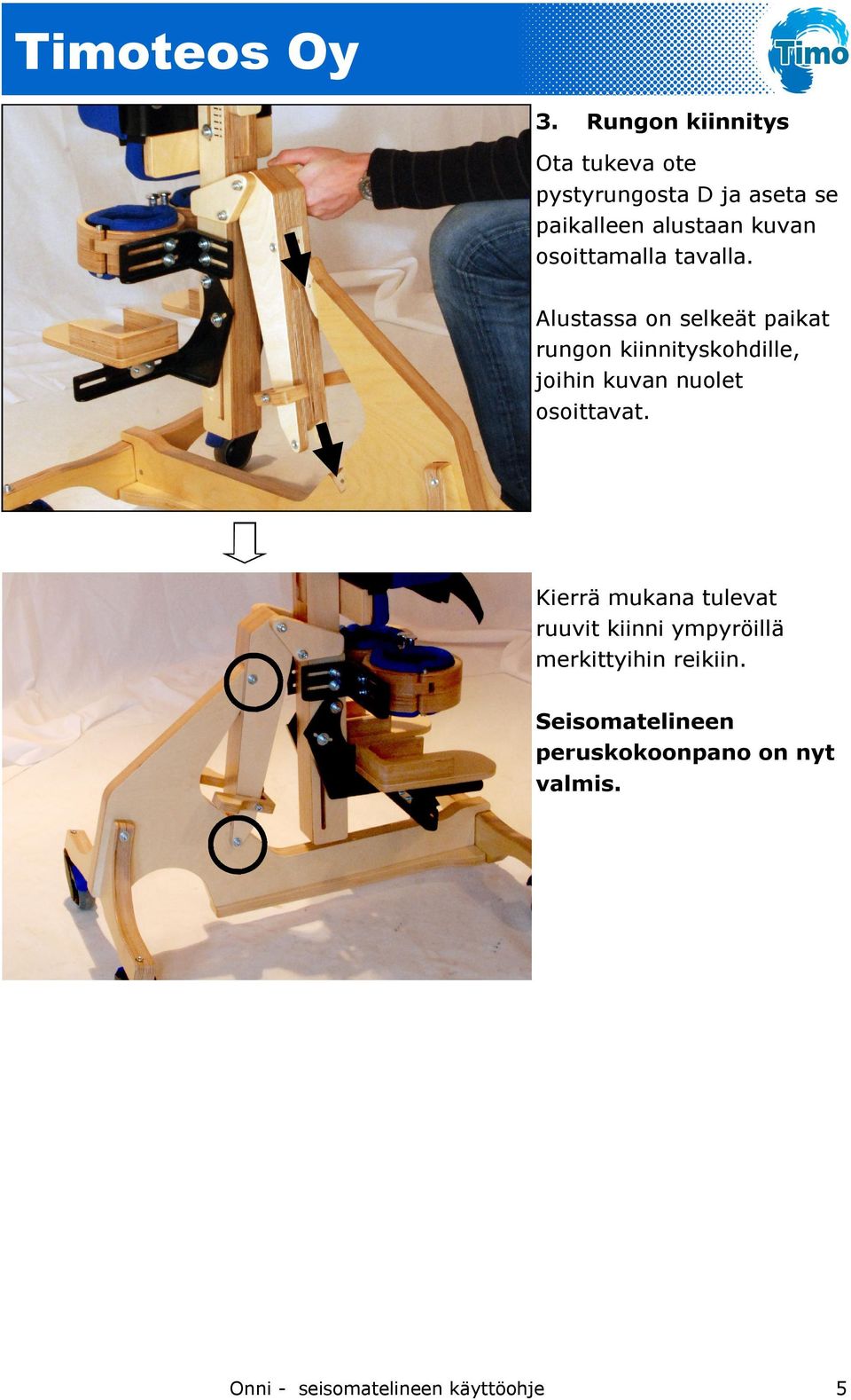 Alustassa on selkeät paikat rungon kiinnityskohdille, joihin kuvan nuolet osoittavat.