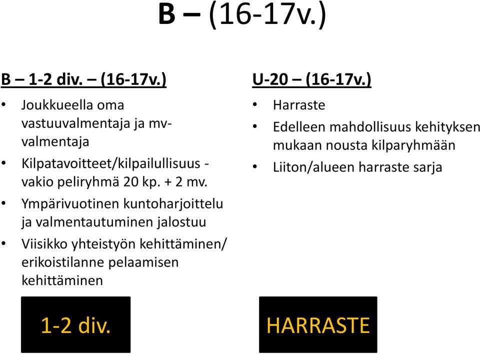 ) Joukkueella oma vastuuvalmentaja ja mvvalmentaja Kilpatavoitteet/kilpailullisuus - vakio peliryhmä