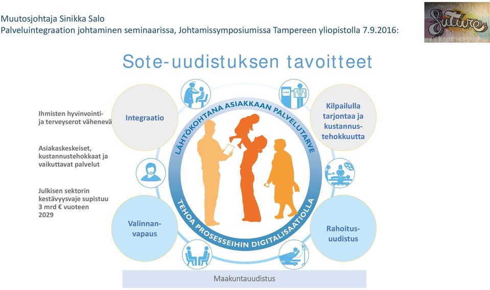 2016: Sote-uudistuksen tavoitteet Ihmisten hyvinvointija terveyserot vähenevät Asiakaskeskeiset,