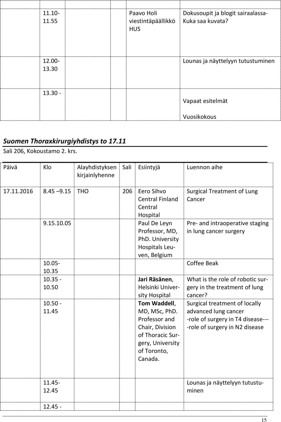 15 THO 206 Eero Sihvo Central Finland Central Hospital 9.15.10.05 Paul De Leyn Professor, MD, PhD. University Hospitals Leuven, Belgium 10.05-10.35 10.35-10.50 10.50-11.