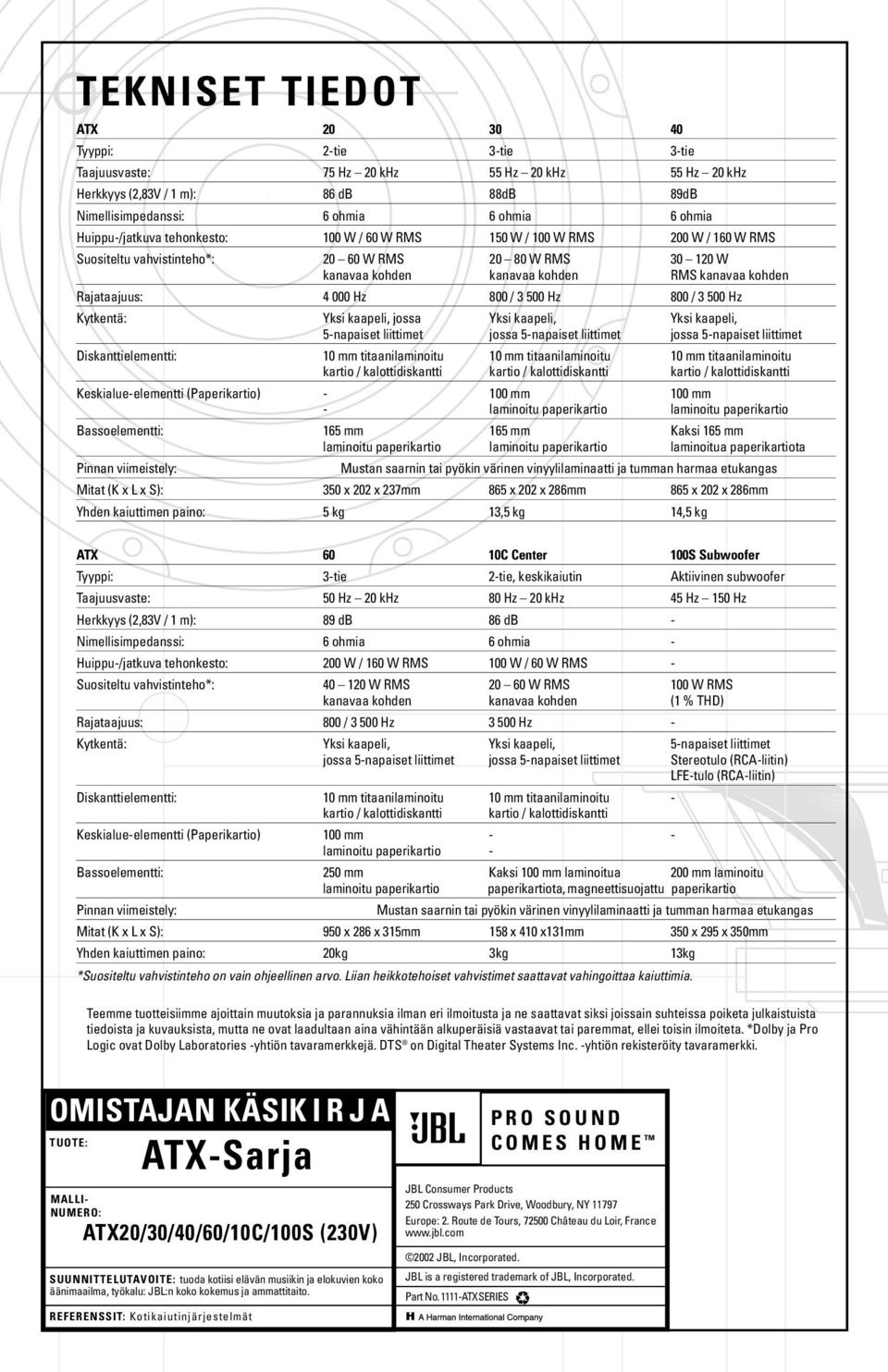 Rajataajuus: 4 000 Hz 800 / 3 500 Hz 800 / 3 500 Hz Kytkentä: Yksi kaapeli, jossa Yksi kaapeli, Yksi kaapeli, 5-napaiset liittimet jossa 5-napaiset liittimet jossa 5-napaiset liittimet