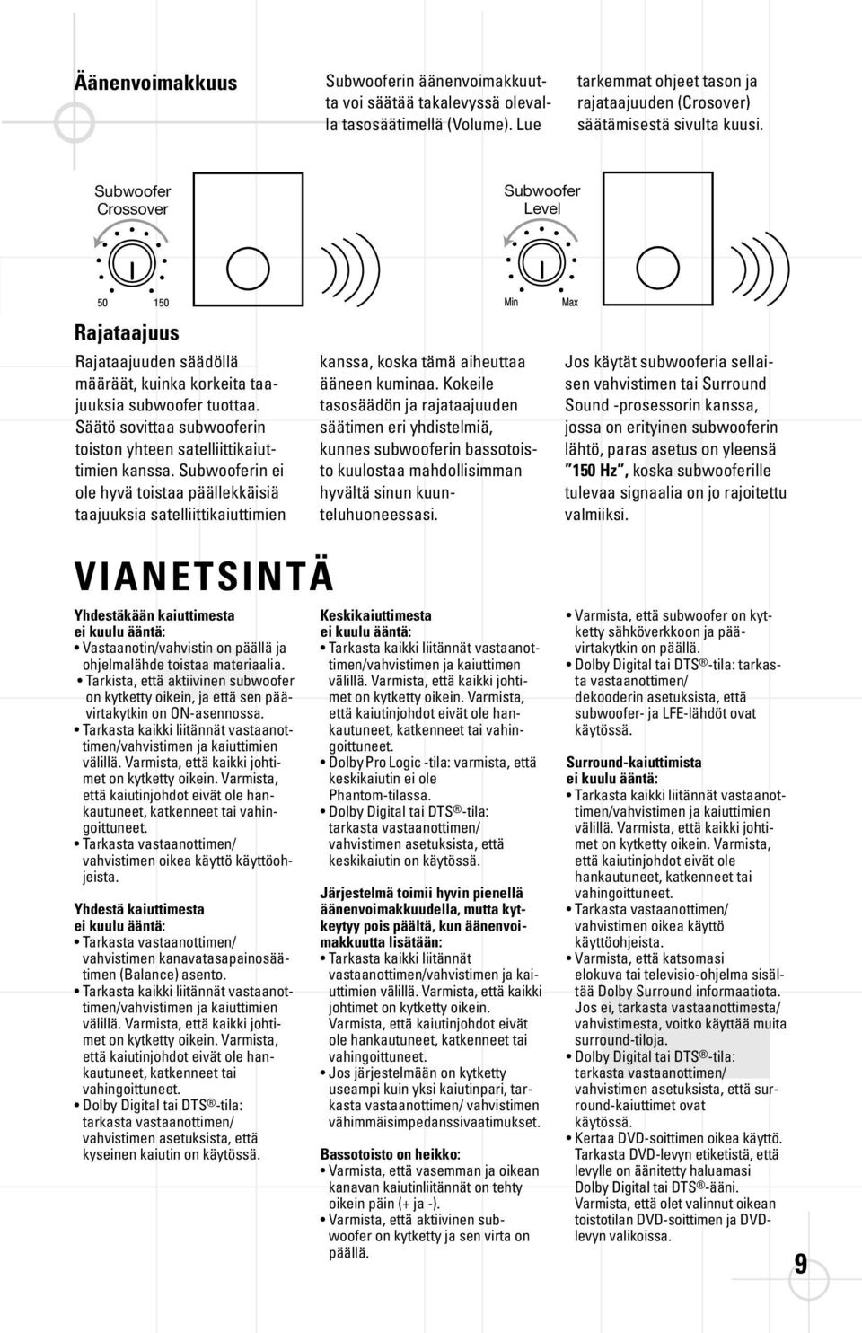 Subwooferin ei ole hyvä toistaa päällekkäisiä taajuuksia satelliittikaiuttimien kanssa, koska tämä aiheuttaa ääneen kuminaa.