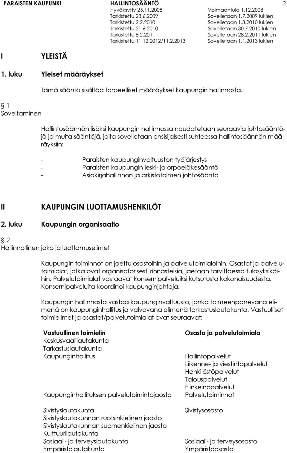 kaupunginvaltuuston työjärjestys - Paraisten kaupungin leski- ja orpoeläkesääntö - Asiakirjahallinnon ja arkistotoimen johtosääntö II KAUPUNGIN LUOTTAMUSHENKILÖT 2.