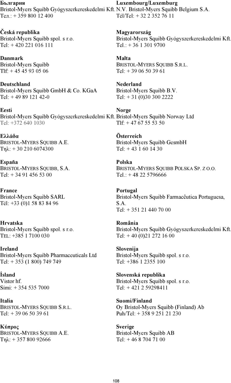 KGaA Tel: + 49 89 121 42-0 Magyarország Bristol-Myers Squibb Gyógyszerkereskedelmi Kft. Tel.: + 36 1 301 9700 Malta BRISTOL-MYERS SQUIBB S.R.L. Tel: + 39 06 50 39 61 Nederland Bristol-Myers Squibb B.