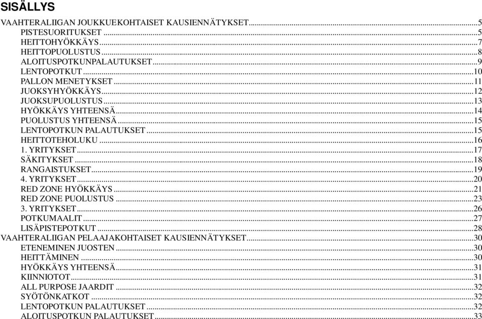 ..18 RANGAISTUKSET...19 4. YRITYKSET...20 RED ZONE HYÖKKÄYS...21 RED ZONE PUOLUSTUS...23 3. YRITYKSET...26 POTKUMAALIT...27 LISÄPISTEPOTKUT.