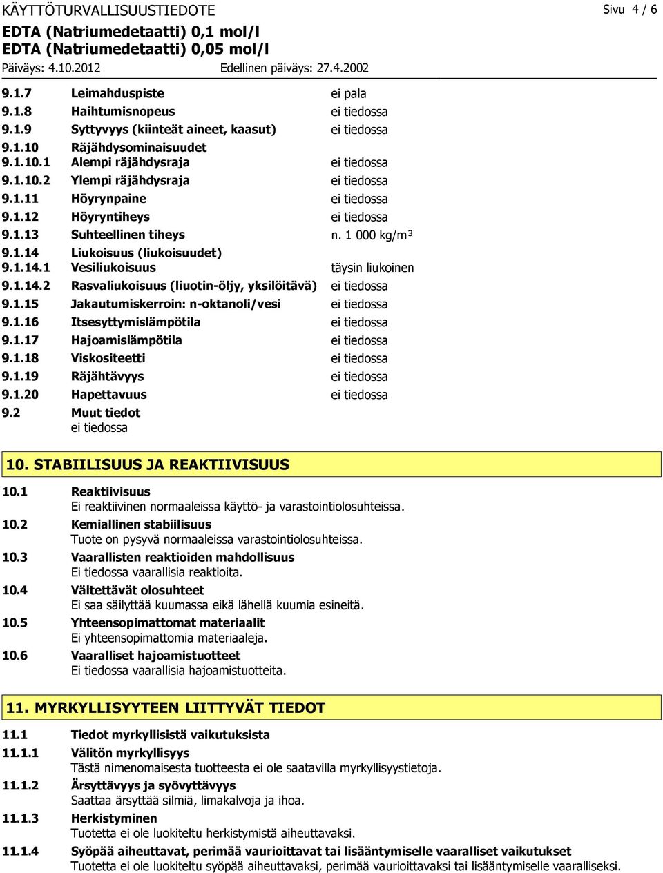 1.14.2 Rasvaliukoisuus (liuotin-öljy, yksilöitävä) ei tiedossa 9.1.15 Jakautumiskerroin: n-oktanoli/vesi ei tiedossa 9.1.16 Itsesyttymislämpötila ei tiedossa 9.1.17 Hajoamislämpötila ei tiedossa 9.1.18 Viskositeetti ei tiedossa 9.
