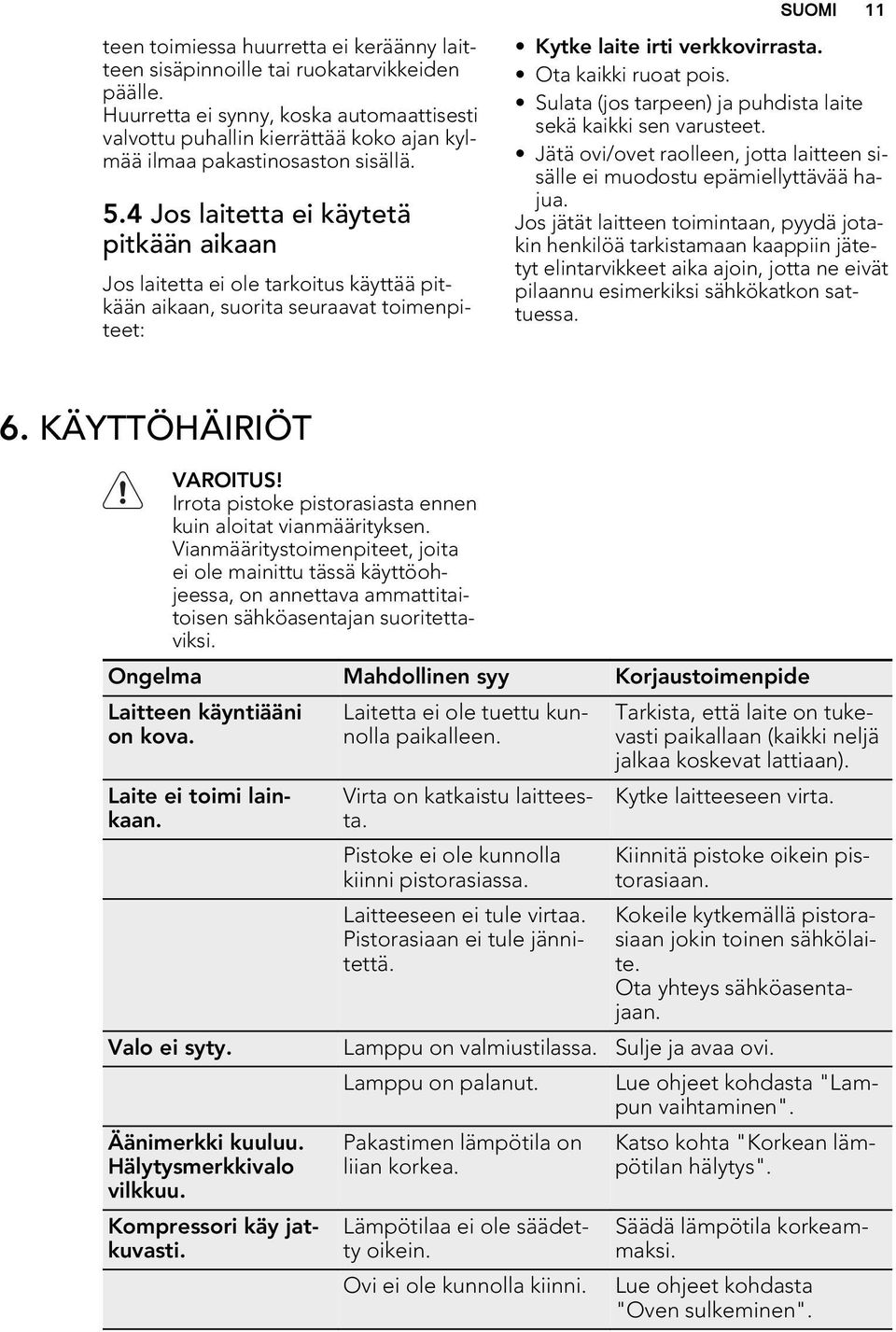 4 Jos laitetta ei käytetä pitkään aikaan Jos laitetta ei ole tarkoitus käyttää pitkään aikaan, suorita seuraavat toimenpiteet: Kytke laite irti verkkovirrasta. Ota kaikki ruoat pois.