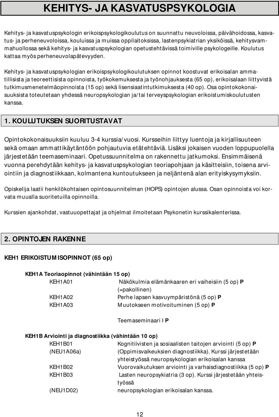 Kehitys- ja kasvatuspsykologian erikoispsykologikoulutuksen opinnot koostuvat erikoisalan ammatillisista ja teoreettisista opinnoista, työkokemuksesta ja työnohjauksesta (65 op), erikoisalaan