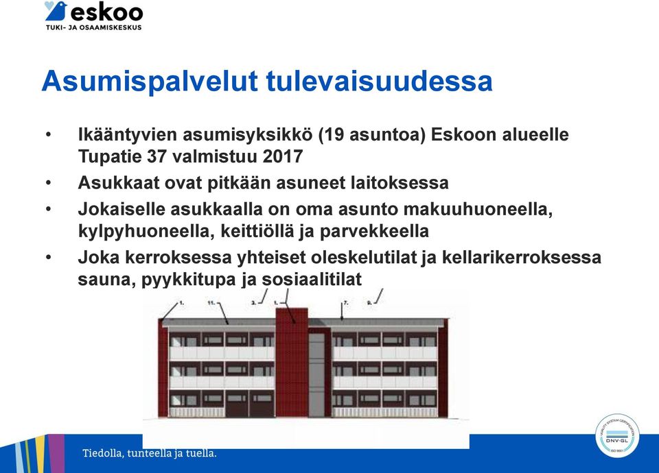 asukkaalla on oma asunto makuuhuoneella, kylpyhuoneella, keittiöllä ja parvekkeella