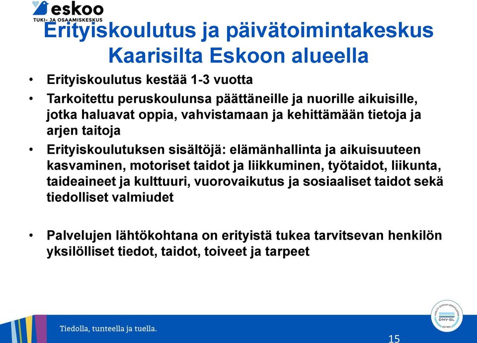 elämänhallinta ja aikuisuuteen kasvaminen, motoriset taidot ja liikkuminen, työtaidot, liikunta, taideaineet ja kulttuuri, vuorovaikutus ja